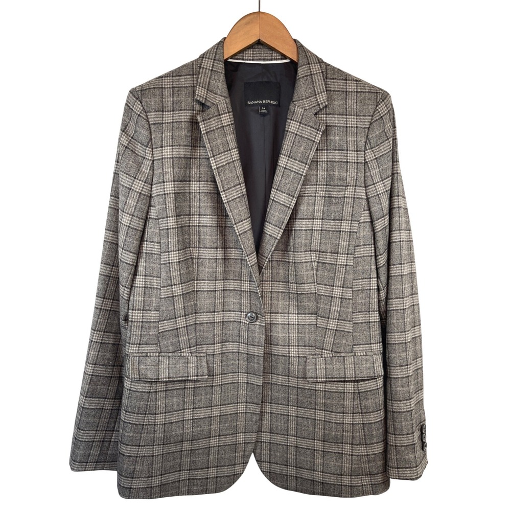 Banana Republic Womens Wool Plaid Blazer 14 Brown/Gray Preppy Dark Academia